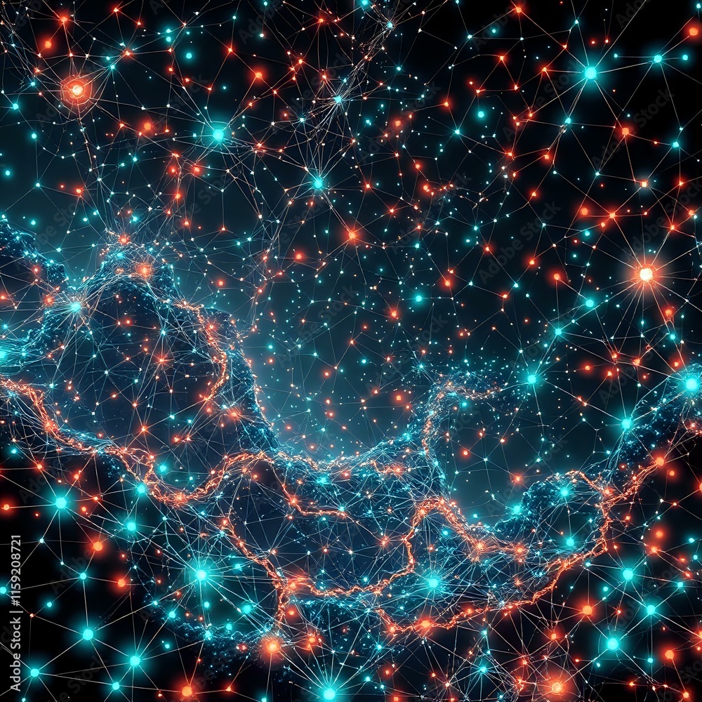 Neon Bioluminescent Network - Interconnected Nodes in Alien Landscape Neon Bioluminescent Network - Interconnected Nodes in Alien Landscape