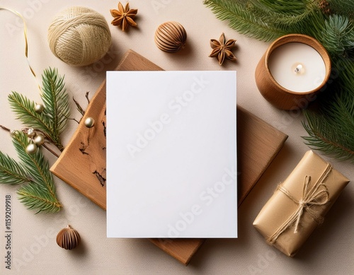 White blank greeting card with rustic eco-friendly Christmas decor, featuring natural materials and warm tones, ideal for festive mockups and branding