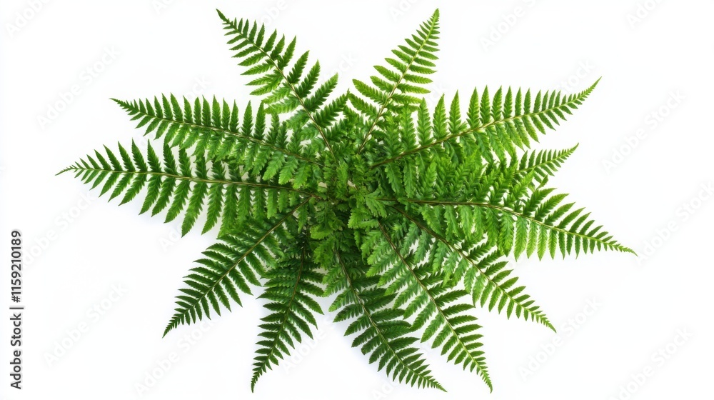 Detailed shot of a lush fern with its intricate fronds and green foliage, isolated white background, realistic botanical illustration style Detailed shot of a lush fern with its intricate fronds and green foliage, isolated white background, realistic botanical illustration style