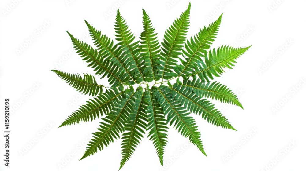 Detailed shot of a lush fern with its intricate fronds and green foliage, isolated white background, realistic botanical illustration style Detailed shot of a lush fern with its intricate fronds and green foliage, isolated white background, realistic botanical illustration style