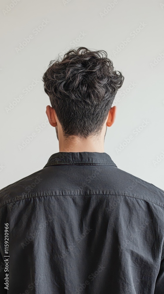 Obraz premium Man facing a white wall showing his curly hair and casual black shirt