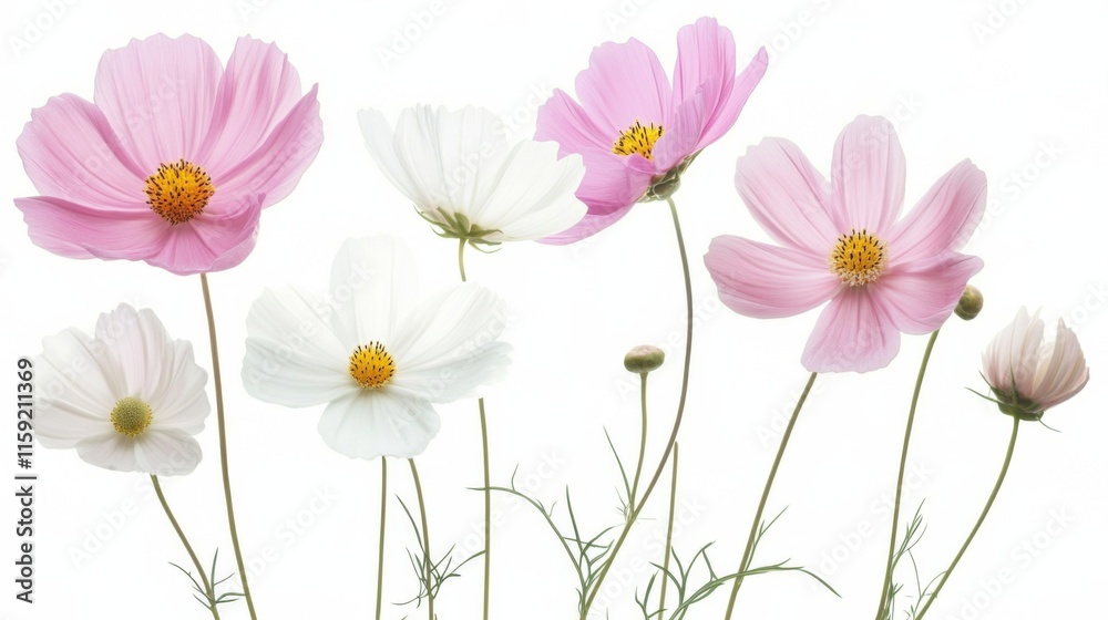 Detailed view of delicate cosmos flowers with their pink and white petals, isolated white background, minimalist floral art style Detailed view of delicate cosmos flowers with their pink and white petals, isolated white background, minimalist floral art style