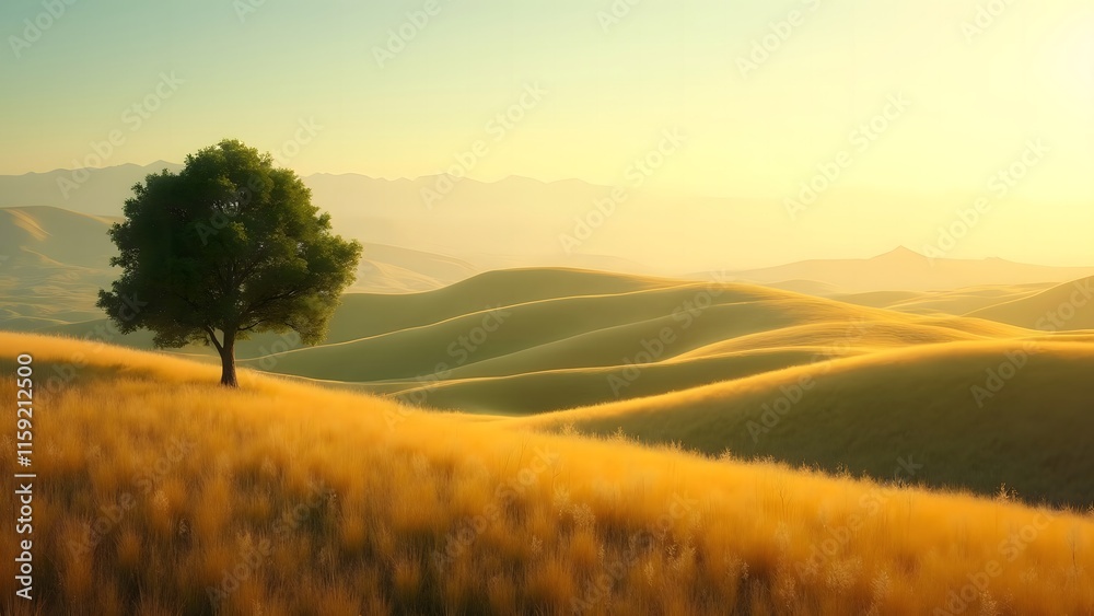 Obraz premium Lone Tree Golden Hills Landscape Sunset Serene Nature Scene