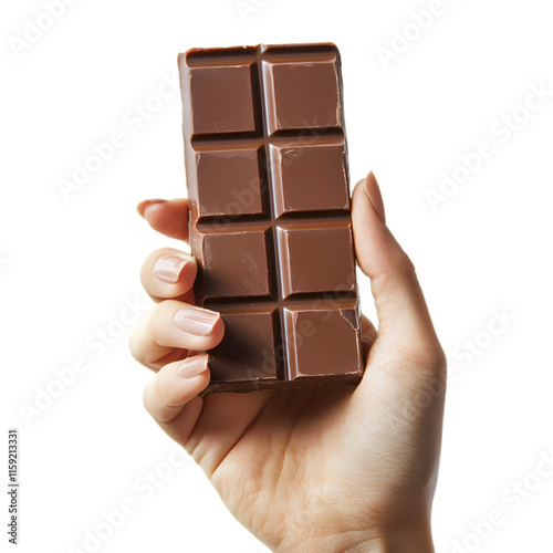 hand holding a bar of chocolate isolate die cut