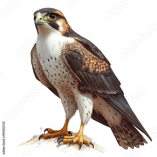 A detailed illustration of a falcon, showcasing its distinctive features, including sharp talons, powerful wings, and a striking color pattern. photo