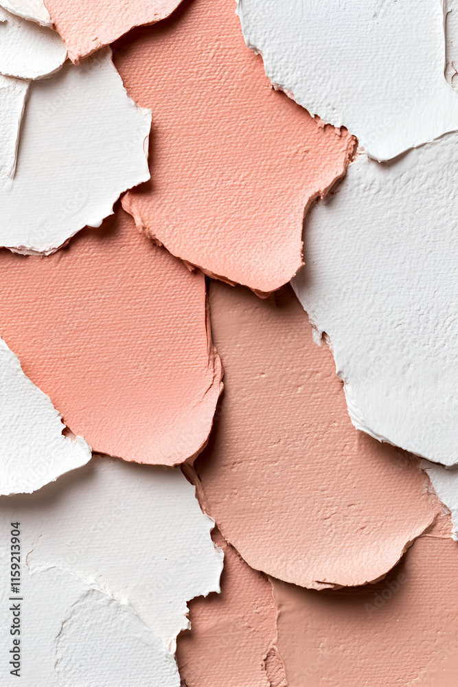 Fototapeta premium Peeling paint in soft peach and white hues creates an abstract, textured background with a blend of colors and layers.