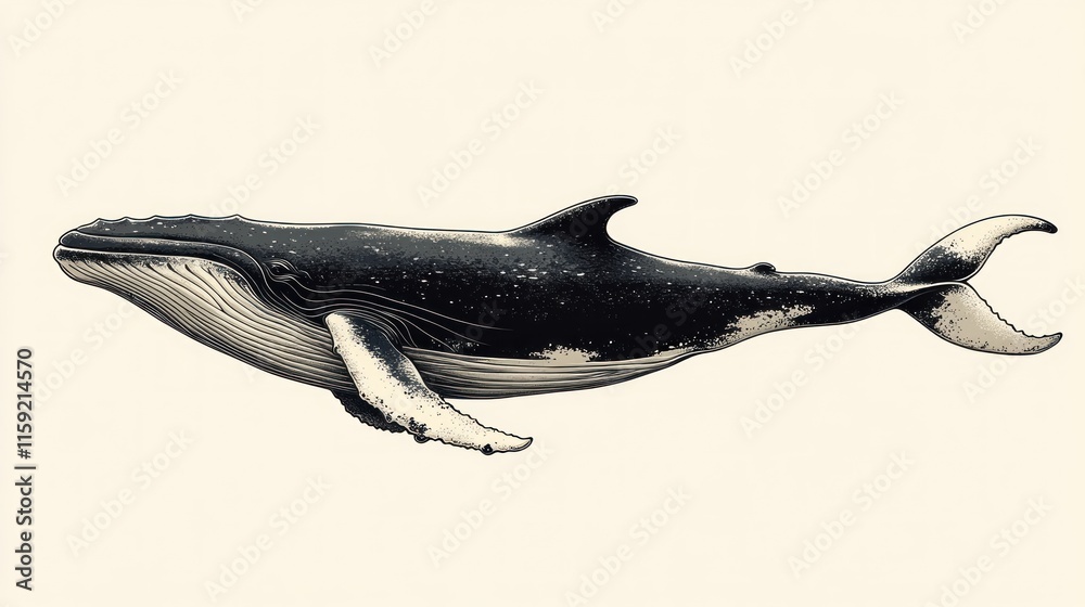 Fototapeta premium Humpback whale illustration, side view, isolated on white.