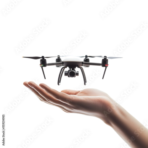 A hand holding a small drone isolate die cut