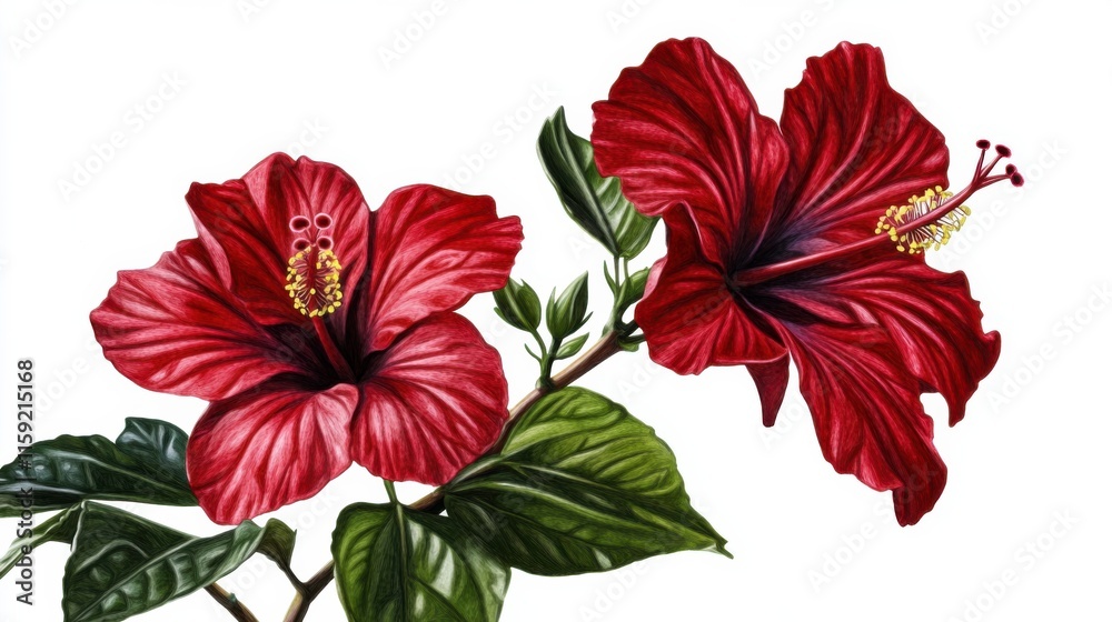 Fine details of a blossoming hibiscus with its large red flowers and glossy green leaves, isolated white background, digital botanical painting style Fine details of a blossoming hibiscus with its large red flowers and glossy green leaves, isolated white background, digital botanical painting style