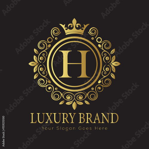 Letter H Luxury brand logo design with a royal gold crown emblem and elegant typography
