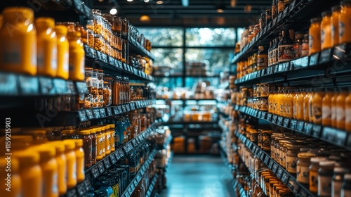 Motion blur shopping aisle with vibrant product displays