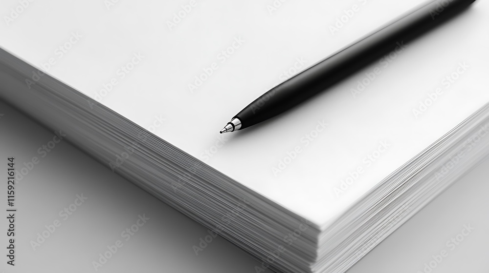10. A black pen resting on the corner of a neatly folded white paper stack 10. A black pen resting on the corner of a neatly folded white paper stack