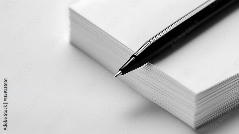 Fototapeta premium 10. A black pen resting on the corner of a neatly folded white paper stack