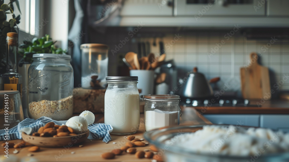 Fototapeta premium Kitchen countertop with milk, oats, and almonds