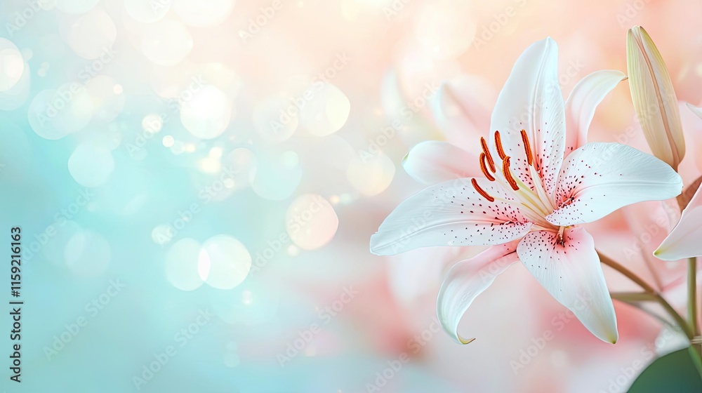 Fototapeta premium Lily floral abstract background idea. Beautiful white lily flower with soft background and bokeh effect, evoking tranquility.