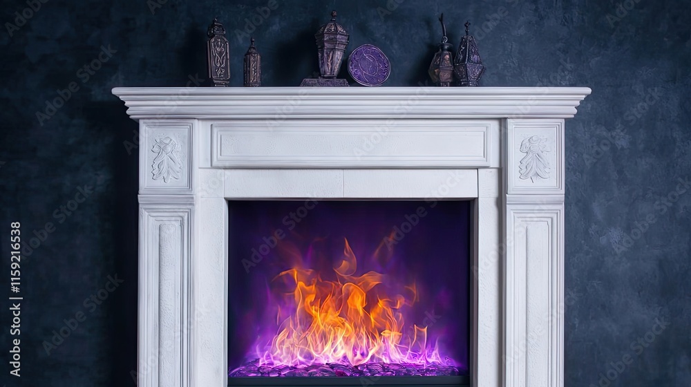 Fantasy fireplace idea. Elegant fireplace with vibrant flames, creating a cozy and warm atmosphere indoors. Fantasy fireplace idea. Elegant fireplace with vibrant flames, creating a cozy and warm atmosphere indoors.