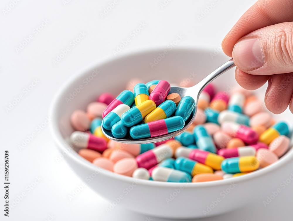 Hand Holding Spoon Full of Colorful Pills Hand Holding Spoon Full of Colorful Pills