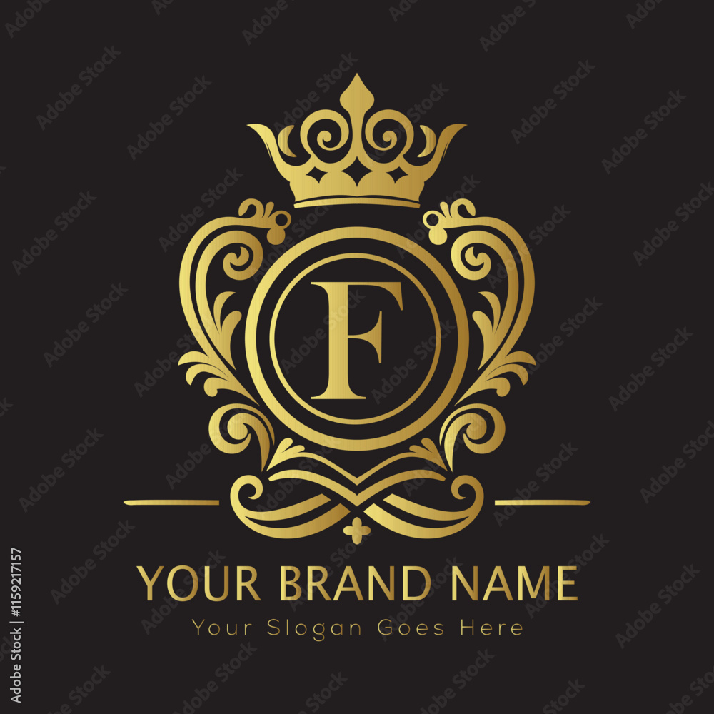 Fototapeta premium Letter F Luxury brand logo design with a royal gold crown emblem and elegant typography 