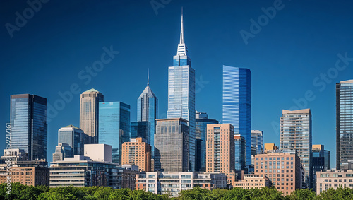Skyline rising above lush green trees under vibrant blue sky