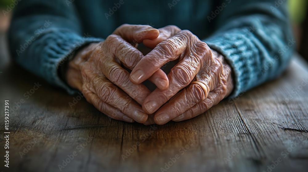 Fototapeta premium 2. Elderly hands and youthful hands clasped together on a wooden table with natural light