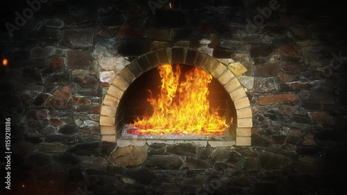 Abstract animated background: burning hearth in a stone wall