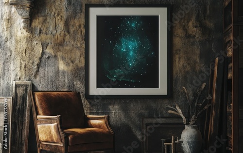 White poster framed in dark oak, displayed with an image of a glowing cave formation of bioluminescent fungi, casting a soft, eerie light in an otherwise pitch-black cavern  photo