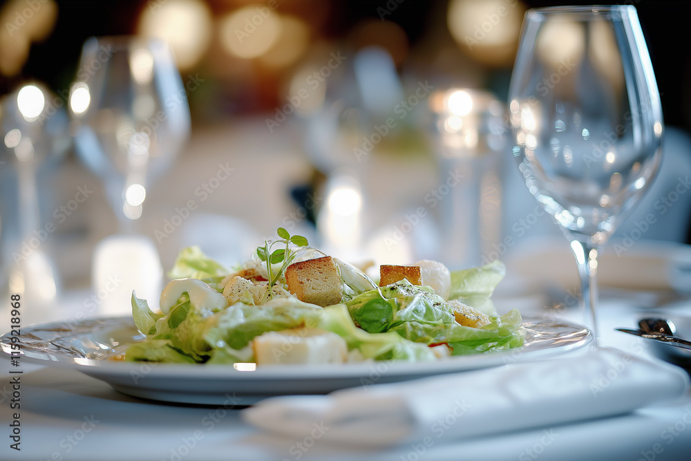 Plated Caesar Salad with Croutons, Parmesan, and Creamy Dressing Plated Caesar Salad with Croutons, Parmesan, and Creamy Dressing