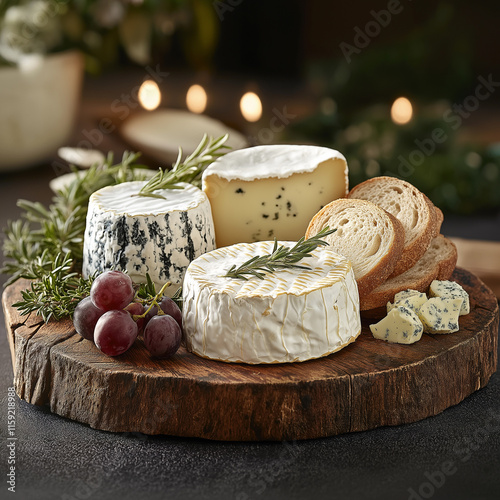 Artfully arranged cheeses on rustic wooden platter with fresh bread and grapes photo