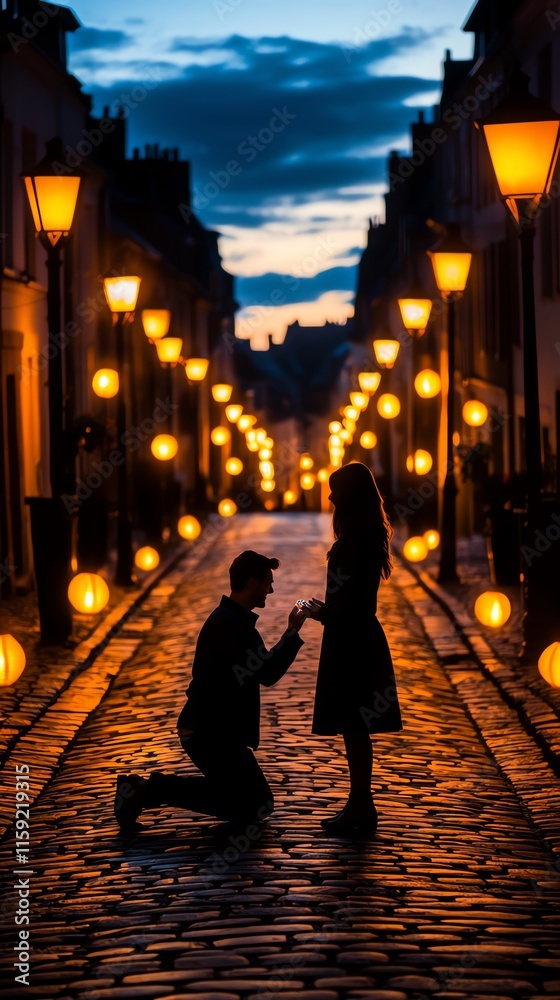 A romantic proposal under street lamps at twilight, highlighting love and intimacy in a picturesque setting. A romantic proposal under street lamps at twilight, highlighting love and intimacy in a picturesque setting.