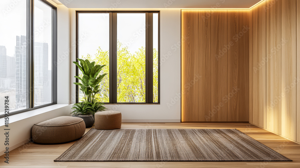 Fototapeta premium Modern interior design featuring minimalistic decor in a bright room with large windows