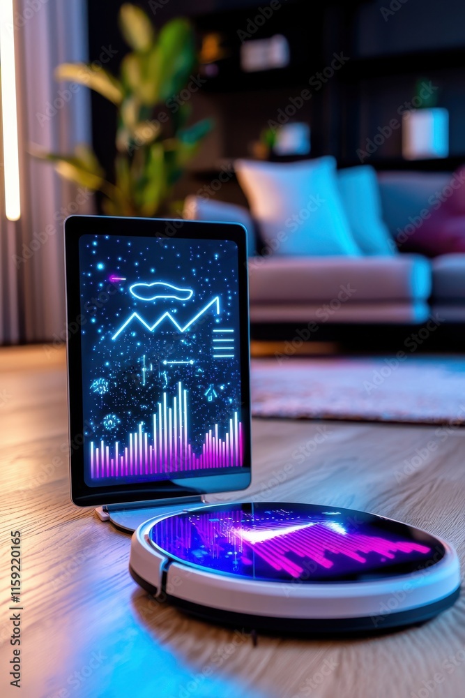 A sleek tablet and smart device display data visualization with vibrant colors, set in a cozy modern living room.