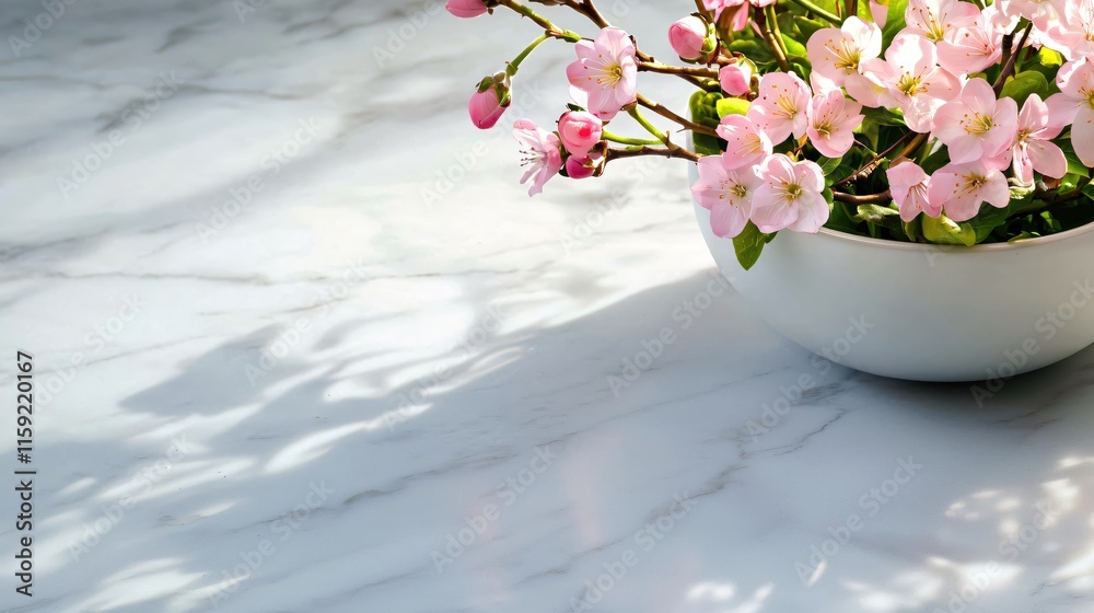 Obraz premium Beautiful Cherry Blossom Arrangement in a White Bowl on Marble Surface
