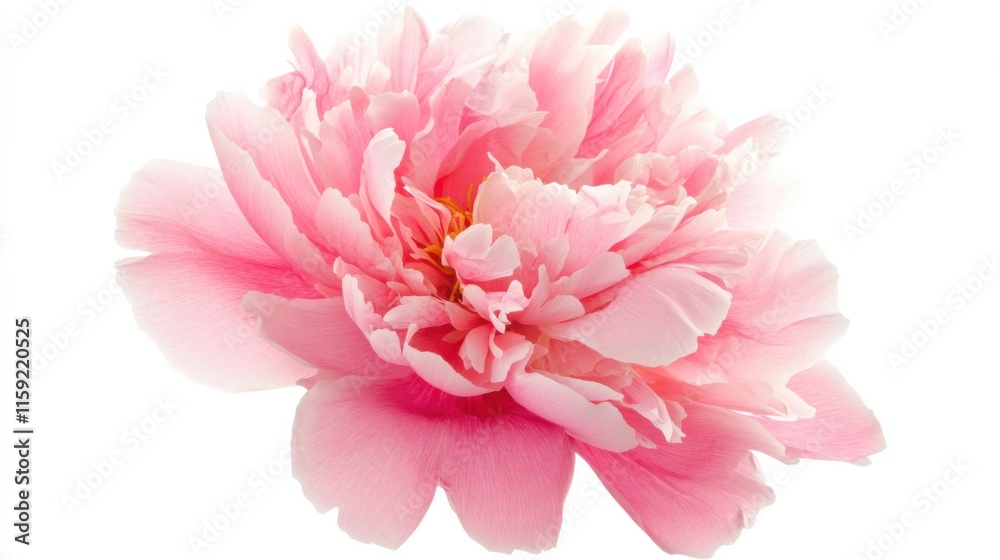 Macro view of a single pink peony in full bloom, isolated white background, minimalist art style Macro view of a single pink peony in full bloom, isolated white background, minimalist art style