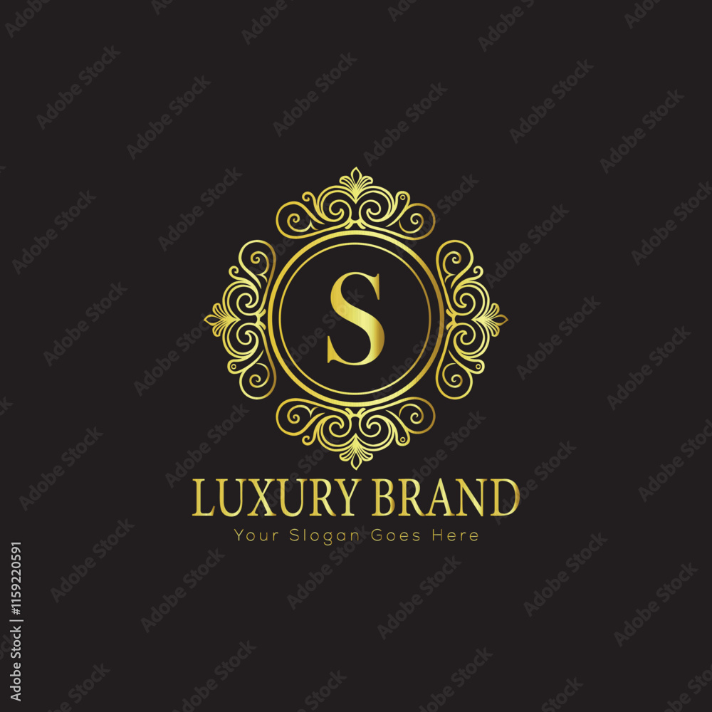 Naklejka premium Letter S Luxury brand logo design with a royal gold crown emblem and elegant typography