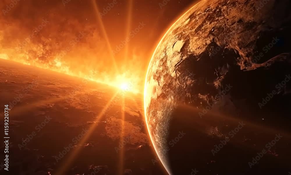 Sun and earth colliding with the planets atmosphere being emitting orange light