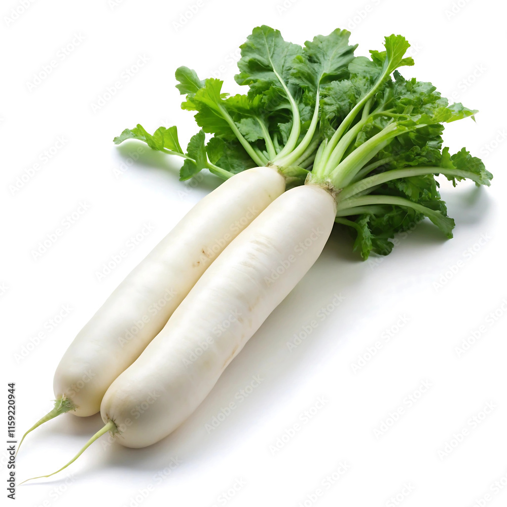 Long White Daikon Radish with Green Leafy Tops Isolated on White Long White Daikon Radish with Green Leafy Tops Isolated on White