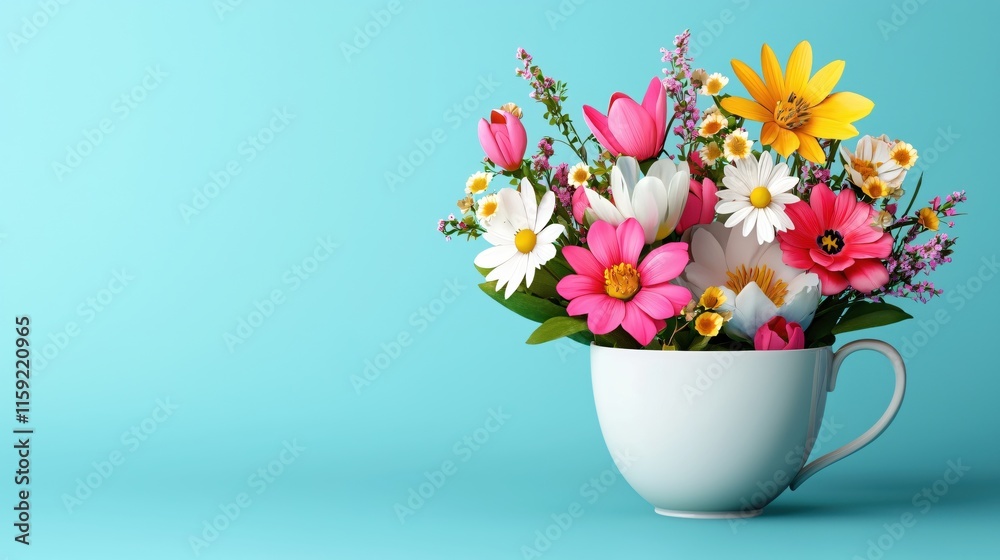Bright Floral Arrangement in White Cup on Vibrant Blue Background for Spring Decoration Bright Floral Arrangement in White Cup on Vibrant Blue Background for Spring Decoration