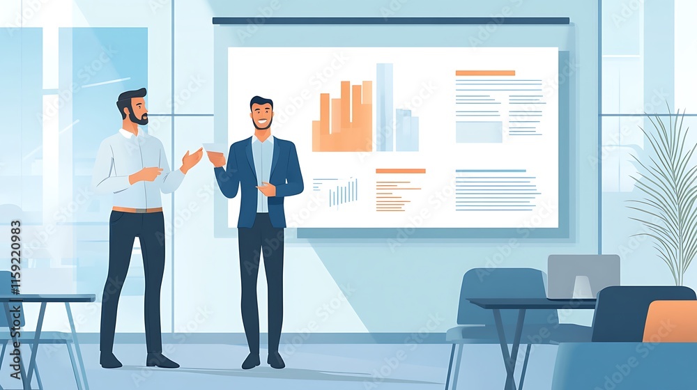 Fototapeta premium 4. A confident entrepreneur giving a presentation in a modern meeting room with a large screen display