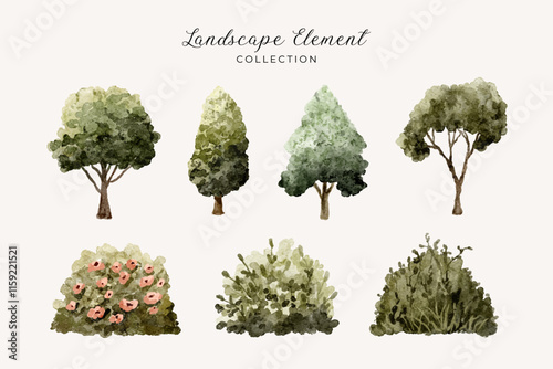 trees and bushes landscape element watercolor collection