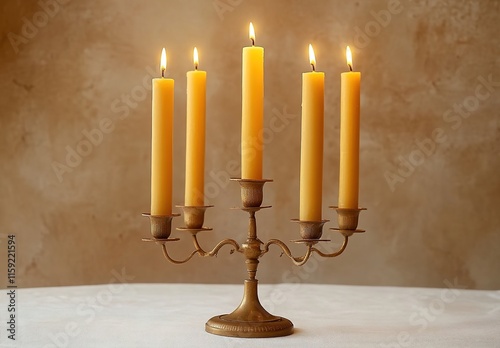 A golden candelabra with five candle sticks on it, each lit by one tall yellow wax candle, placed against an off-white tablecloth background. The candles cast a warm light and create a cozy atmosphere