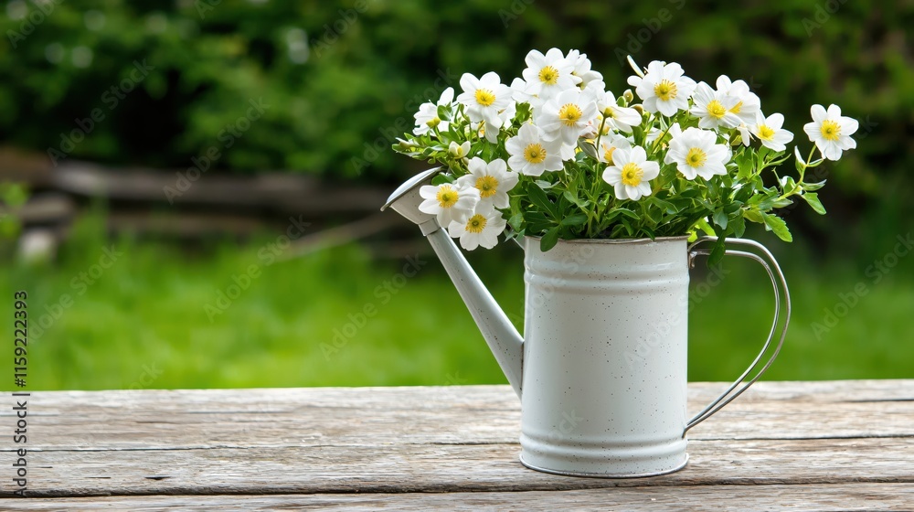 Fototapeta premium Vintage Watering Can Filled With White Flowers on Wooden Table Outdoors