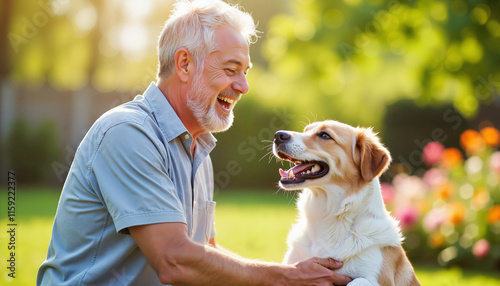Wallpaper Mural Smiling senior man playing with his dog in a sunlit garden Copy space Torontodigital.ca