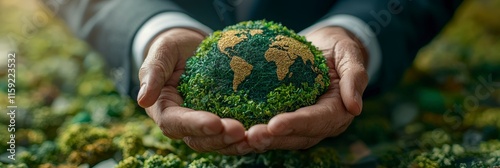 A pair of hands gently holds a globe made of moss, symbolizing global environmental care and sustainability. The focus is on the world's collective responsibility. photo