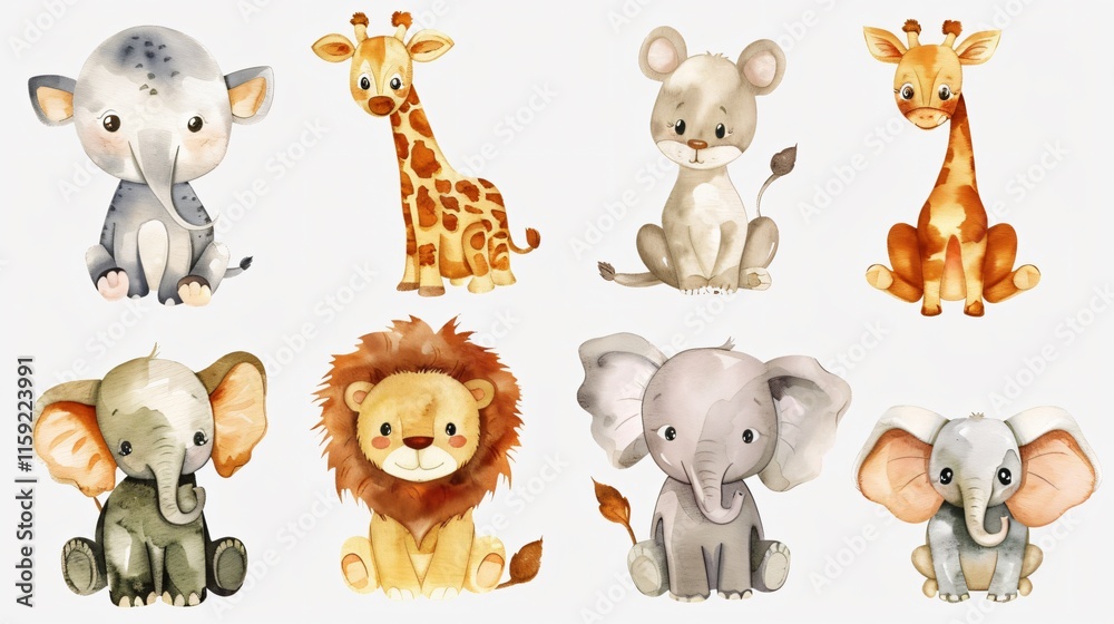 Fototapeta Watercolor Safari Baby Animals Collection in Jungle - Professional Wildlife Illustration