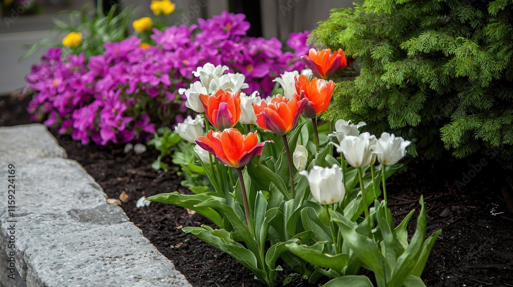 Obraz premium Vibrant Garden Scene with Colorful Tulips and Purple Flowers in Blooming Landscape