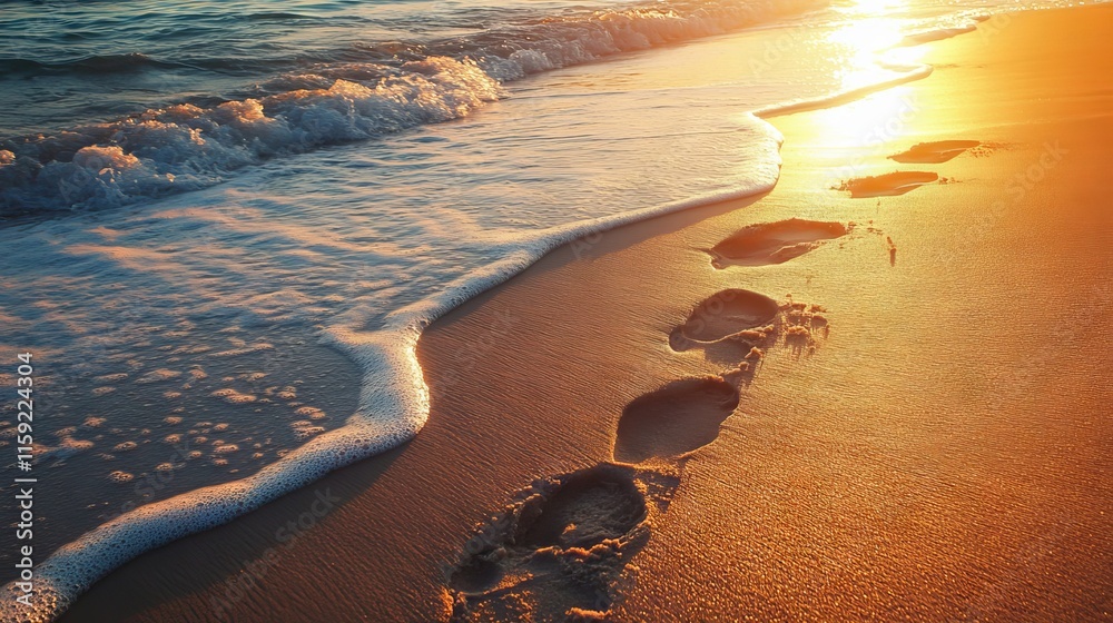 Scenic footsteps along a serene sandy beach at sunset with gentle waves and soft golden light