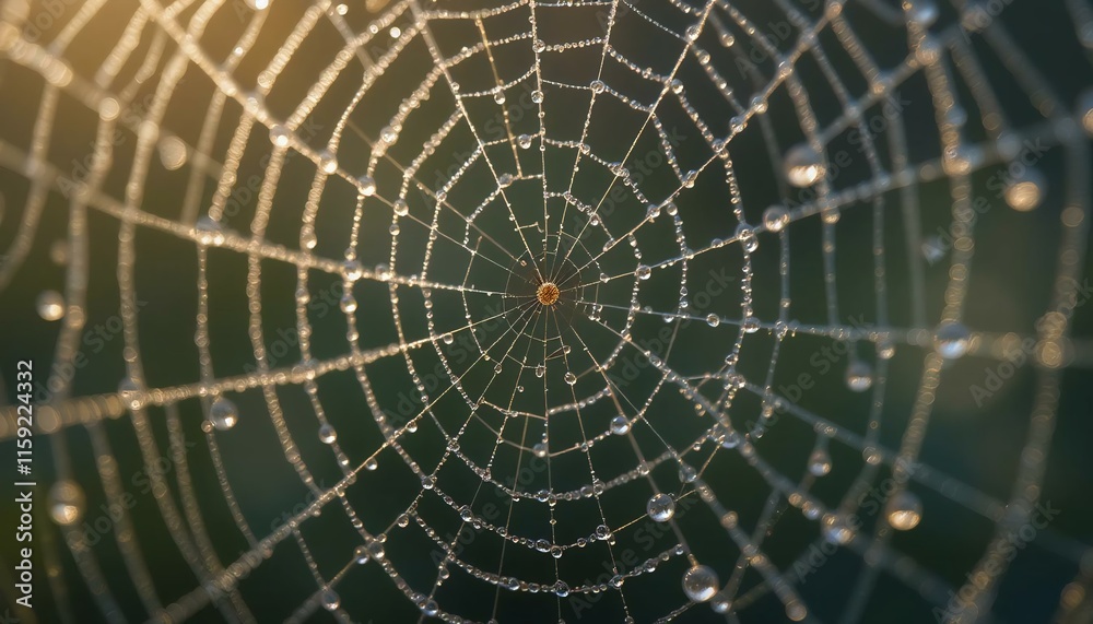 Obraz premium A detailed close-up of dewdrops on a spiderweb in the early morning light.
