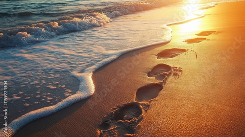 Scenic footsteps along a serene sandy beach at sunset with gentle waves and soft golden light
