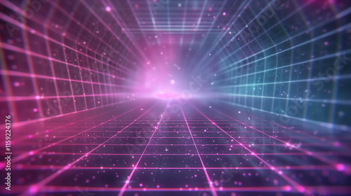 Retro futuristic neon synthwave wireframe net extending into the horizon with glowing pink and blue lights
