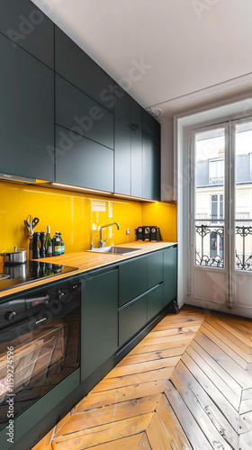 Cuisine épurée avec armoires vert foncé, crédence jaune vif et parquet en bois. photo